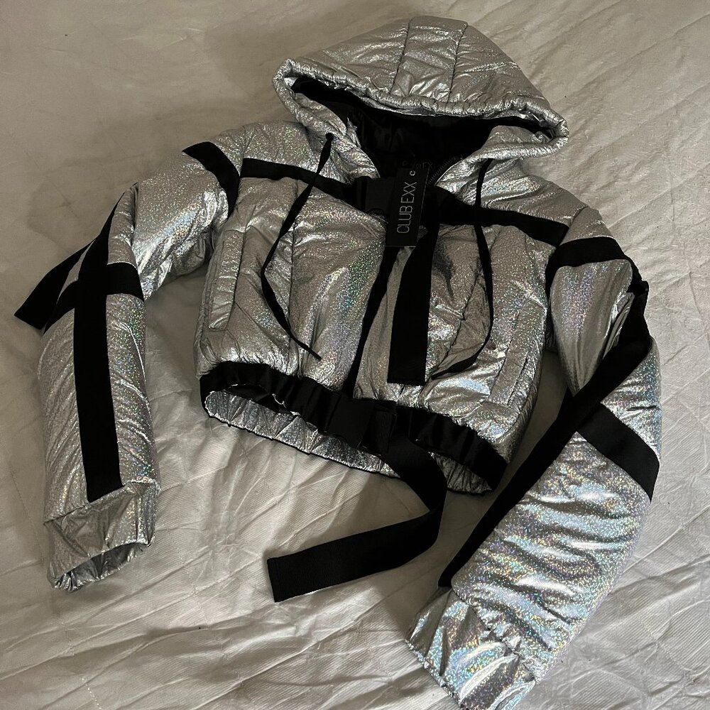 Dolls Kill Space Raid Silver Holographic Cropped Puffer Jacket with Hood (XS)